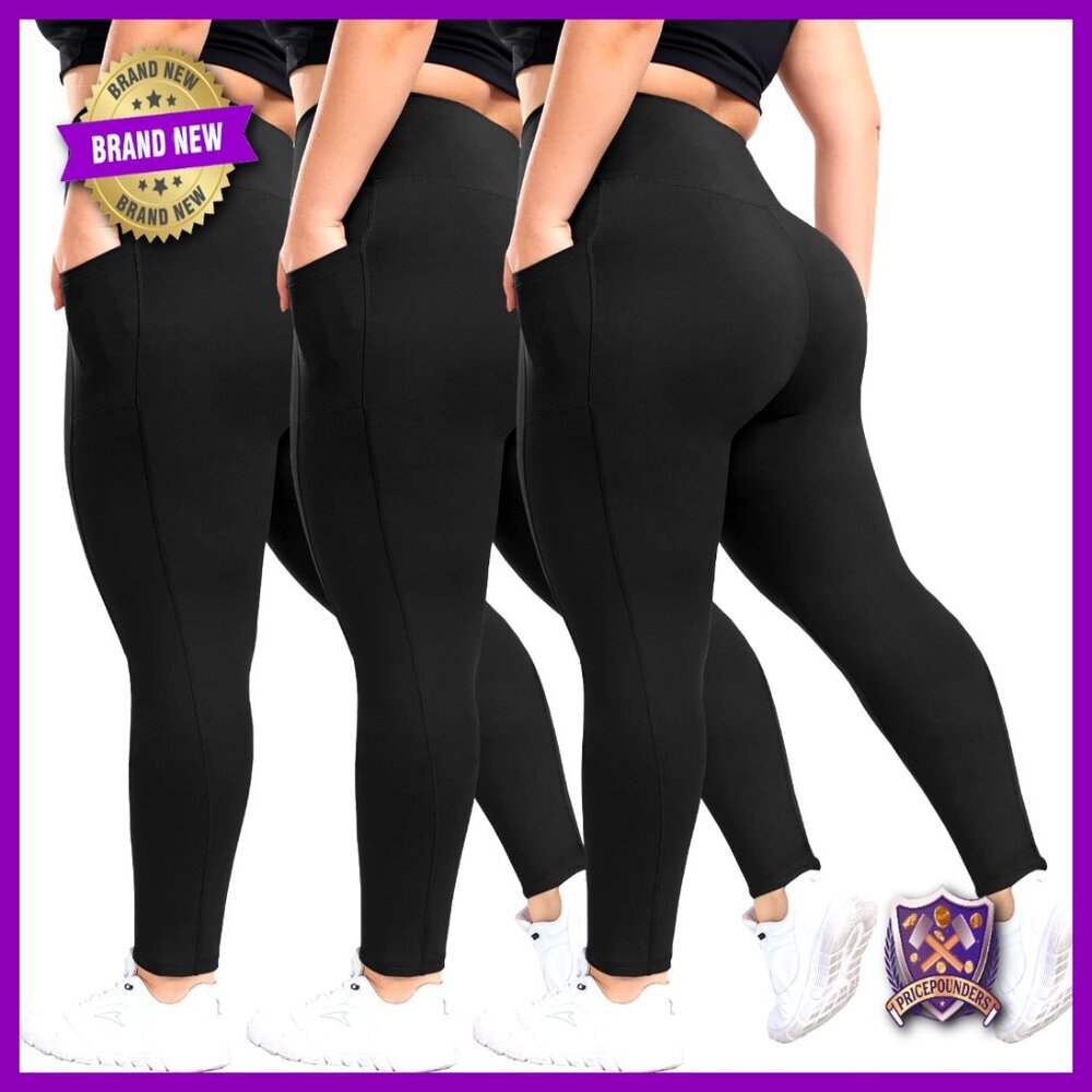 Plus Size High Waisted Leggings with Pockets - 3 Pack Tummy Control Yoga Pants